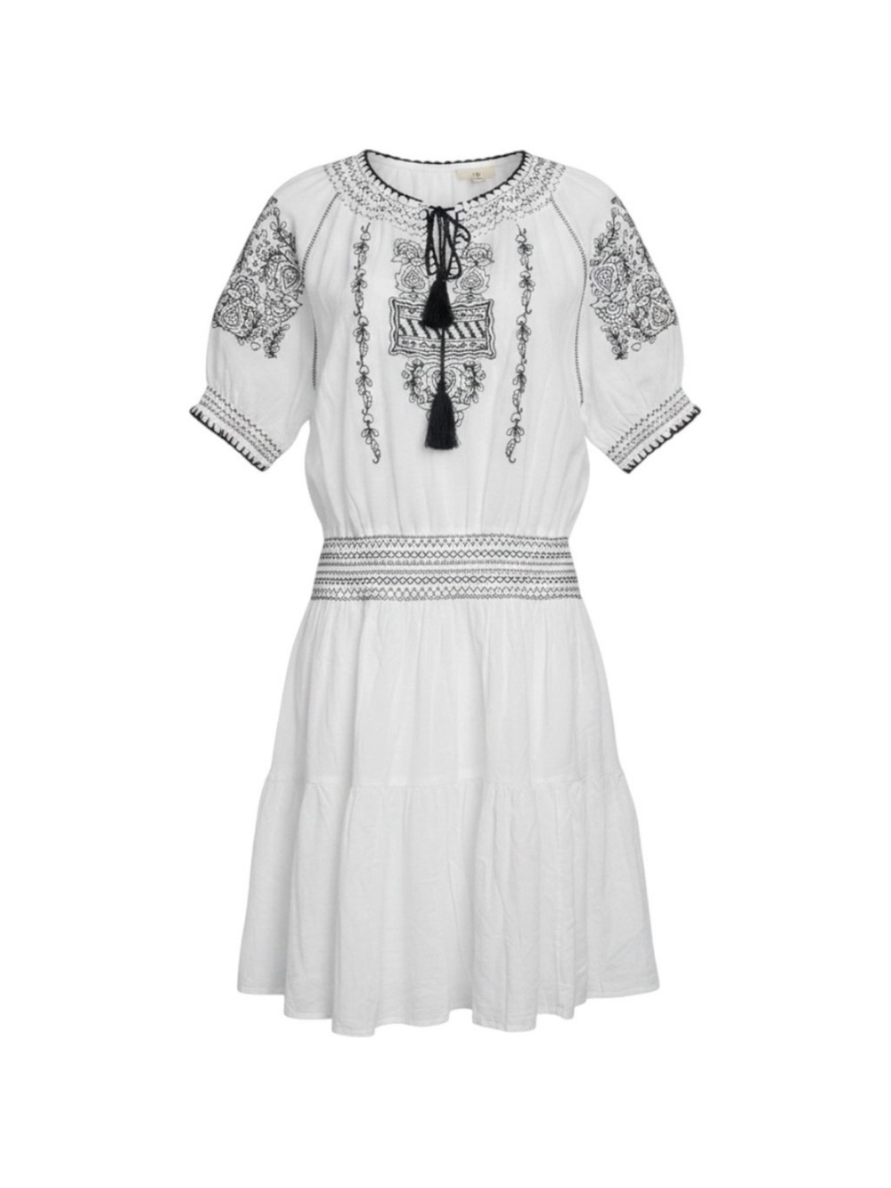 Lauren Ralph Lauren White Mini Smocked Peasant Boho Dress with Black Embroidery